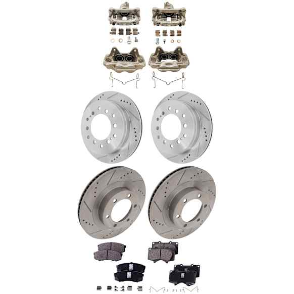 4-Wheel Set Front and Rear Brake Kit With Calipers, Cross-drilled and Slotted 6 Lugs Front-338.07 mm/Rear-311.91 mm Ceramic, Includes (4) Brake Caliper, (4) Brake Disc and (2) Brake Pad Set