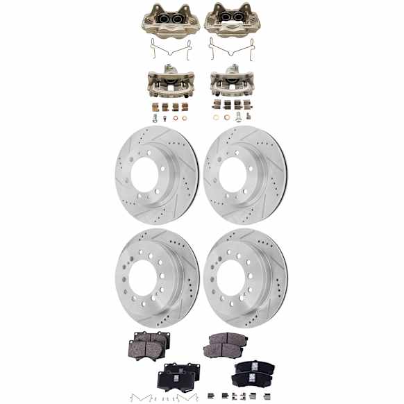 4-Wheel Set Front and Rear Brake Kit With Calipers, Cross-drilled and Slotted 6 Lugs Front-318.9 mm/Rear-311.91 mm Ceramic, Includes (4) Brake Caliper, (4) Brake Disc and (2) Brake Pad Set