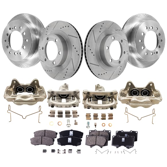4-Wheel Set Front and Rear Brake Kit With Calipers, Front-Cross-drilled and Slotted/Rear-Plain Surface 6 Lugs Front-338.07 mm/Rear-311.91 mm Ceramic, Includes (4) Caliper, (4) Disc and (2) Pad Set