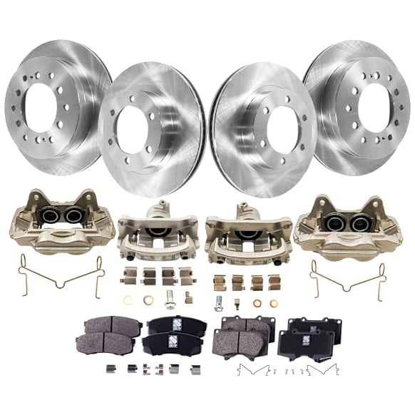 4-Wheel Set Front and Rear Brake Kit With Calipers, Plain Surface, 6 Lugs, Ceramic Pad Material
