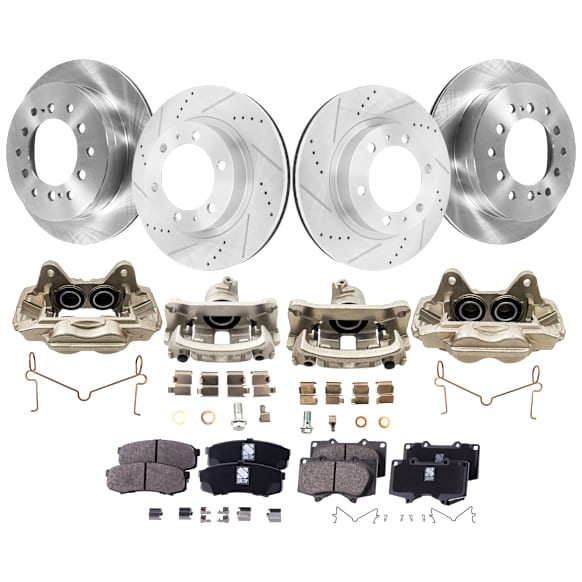 4-Wheel Set Front and Rear Brake Kit With Calipers, Front-Cross-drilled and Slotted/Rear-Plain Surface 6 Lugs Front-318.9 mm/Rear-311.91 mm Ceramic, Includes (4) Caliper, (4) Disc and (2) Pad Set
