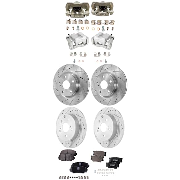 4-Wheel Set Front and Rear Brake Kit With Calipers, Cross-drilled and Slotted 5 Lugs Front-296 mm/Rear-280.8 mm Ceramic, Includes (4) Caliper, (4) Disc, and (2) Pad Set
