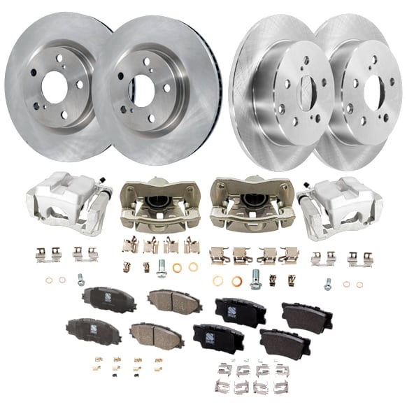 4-Wheel Set Front and Rear Brake Kit With Calipers, Plain Surface 5 Lugs Ceramic, Includes (4) Caliper, (4) Disc, and (2) Pad Set