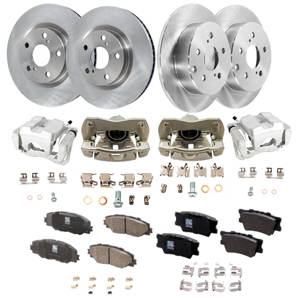 4-Wheel Set Front and Rear Brake Kit With Calipers, Plain Surface 5 Lugs Ceramic, Includes (4) Caliper, (4) Disc, and (2) Pad Set