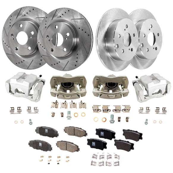4-Wheel Set Front and Rear Brake Kit With Calipers, Front-Cross-drilled and Slotted/Rear-Plain Surface 5 Lugs Front-296 mm/Rear-280.92 mm Ceramic, Includes (4) Caliper, (4) Disc, and (2) Pad Set