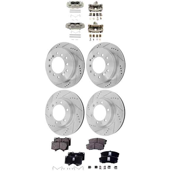 4-Wheel Set Front and Rear Brake Kit With Calipers, Cross-drilled and Slotted 6 Lugs Front-318.9 mm/Rear-311.91 mm Ceramic, Includes (4) Brake Caliper, (4) Brake Disc and (2) Brake Pad Set