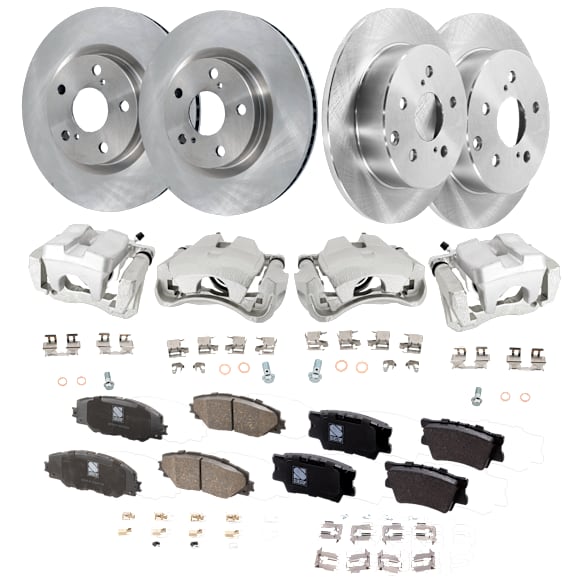 4-Wheel Set Front and Rear Brake Kit With Calipers, Plain Surface 5 Lugs Ceramic, Includes (4) Brake Caliper, (4) Brake Disc, and (2) Brake Pad Set