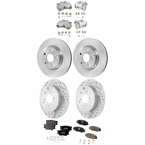 4-Wheel Set Front and Rear Brake Kit With Calipers, Front-Plain Surface/Rear-Cross-drilled and Slotted 5 Lugs Front-295.91 mm/Rear-280.8 mm Ceramic, Includes (4) Caliper, (4) Disc, and (2) Pad Set