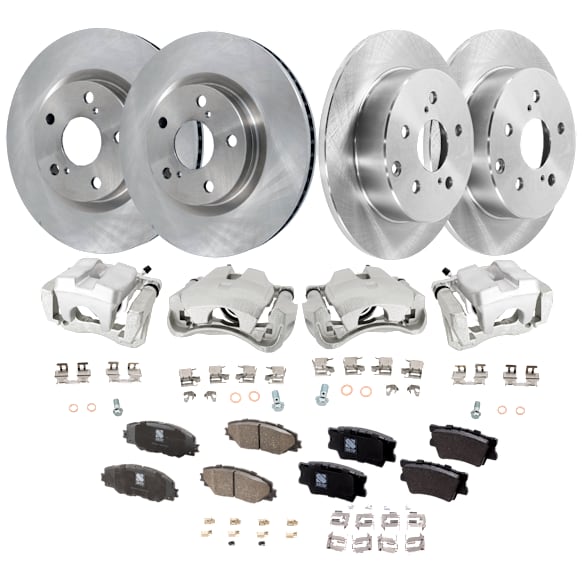 4-Wheel Set Front and Rear Brake Kit With Calipers, Plain Surface 5 Lugs Ceramic, Includes (4) Brake Caliper, (4) Brake Disc, and (2) Brake Pad Set