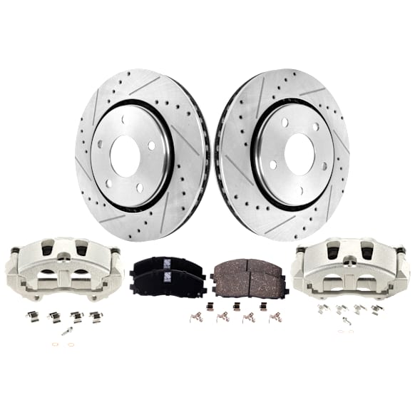 2-Wheel Set Front Brake Kit With Calipers, Cross-drilled and Slotted 5 Lugs 302 mm Ceramic, Includes (2) Brake Caliper, (2) Brake Disc and (1) Brake Pad Set