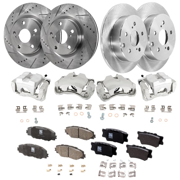 4-Wheel Set Front and Rear Brake Kit With Calipers, Front-Cross-drilled and Slotted/Rear-Plain Surface 5 Lugs Front-296 mm/Rear-280.92 mm Ceramic, Includes (4) Caliper, (4) Disc and (2) Pad Set