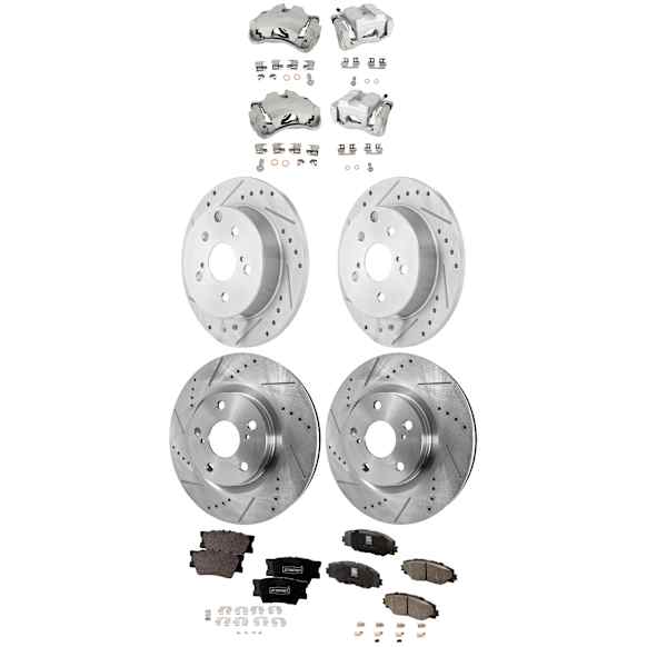 4-Wheel Set Front and Rear Brake Kit With Calipers, Cross-drilled and Slotted 5 Lugs Front-296 mm/Rear-280.8 mm Ceramic, Includes (4) Caliper, (4) Disc, and (2) Pad Set