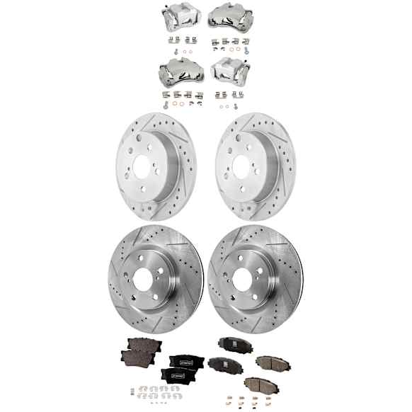 4-Wheel Set Front and Rear Brake Kit With Calipers, Cross-drilled and Slotted 5 Lugs Front-296 mm/Rear-280.8 mm Ceramic, Includes (4) Caliper, (4) Disc, and (2) Pad Set