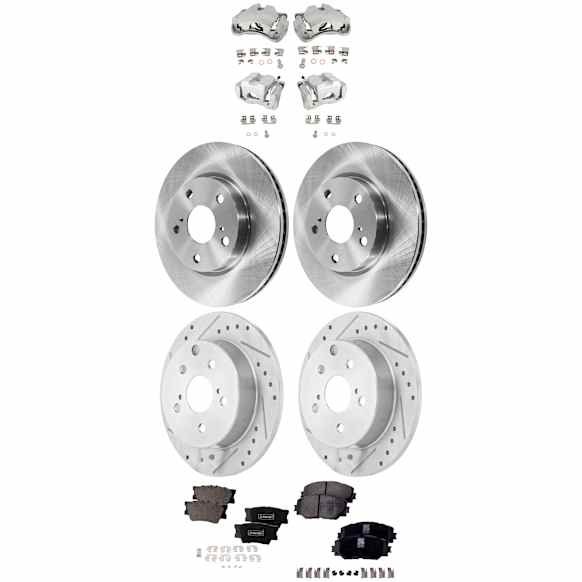 4-Wheel Set Front and Rear Brake Kit With Calipers, Front-Plain Surface/Rear-Cross-drilled and Slotted 5 Lugs Front-275.08 mm/Rear-280.8 mm Ceramic, Includes (4) Caliper, (4) Disc, and (2) Pad Set