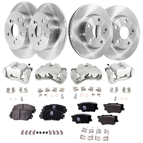 4-Wheel Set Front and Rear Brake Kit With Calipers, Plain Surface 5 Lugs Ceramic, Includes (4) Brake Caliper, (4) Brake Disc, and (2) Brake Pad Set