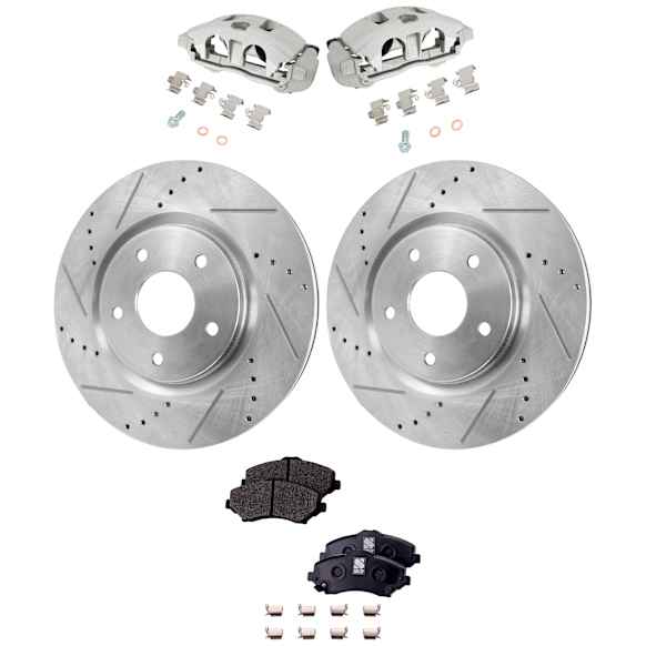 2-Wheel Set Front Brake Kit With Calipers, Cross-drilled and Slotted 5 Lugs 329.95 mm Semi-metallic FWD, Includes (2) Brake Caliper, (2) Brake Disc and (1) Brake Pad Set