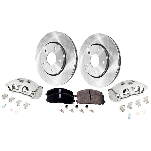 2-Wheel Set Front Brake Kit With Calipers, Plain Surface 5 Lugs 302.01 mm Ceramic FWD, Includes (2) Brake Caliper, (2) Brake Disc and (1) Brake Pad Set