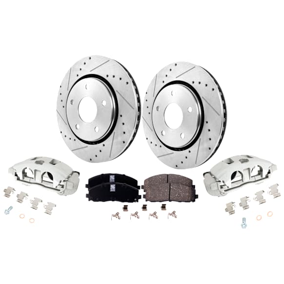 2-Wheel Set Front Brake Kit With Calipers, Cross-drilled and Slotted 5 Lugs 302 mm Ceramic FWD, Includes (2) Brake Caliper, (2) Brake Disc and (1) Brake Pad Set