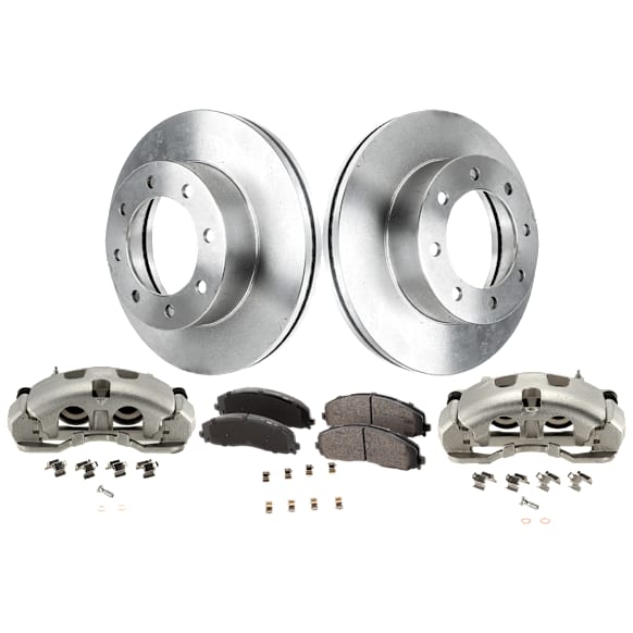 2-Wheel Set Front Brake Kit With Calipers, Plain Surface 8 Lugs 363 mm Semi-metallic, Includes (2) Brake Caliper, (2) Brake Disc and (1) Brake Pad Set