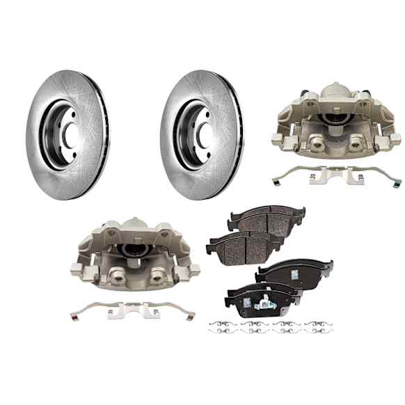 2-Wheel Set Front Brake Kit With Calipers, Plain Surface 5 Lugs 299.97 mm Organic, Includes (2) Brake Caliper, (2) Brake Disc and (1) Brake Pad Set