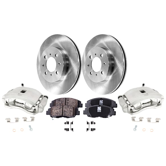 2-Wheel Set Front Brake Kit With Calipers, Plain Surface 4 Lugs 261.87 mm Ceramic FWD, Includes (2) Brake Caliper, (2) Brake Disc and (1) Brake Pad Set