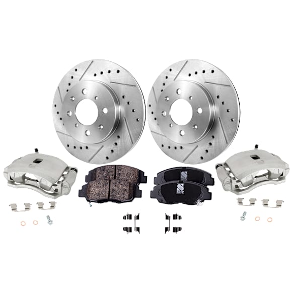 2-Wheel Set Front Brake Kit With Calipers, Cross-drilled and Slotted 4 Lugs 261.87 mm Ceramic FWD, Includes (2) Brake Caliper, (2) Brake Disc and (1) Brake Pad Set