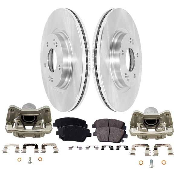 2-Wheel Set Front Brake Kit With Calipers, Plain Surface 5 Lugs 305.05 mm Ceramic FWD, Includes (2) Brake Caliper, (2) Brake Disc and (1) Brake Pad Set