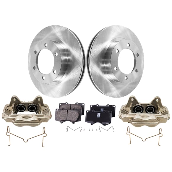 2-Wheel Set Front Brake Kit With Calipers, Plain Surface 6 Lugs 319.02 mm Ceramic, Includes (2) Brake Caliper, (2) Brake Disc and (1) Brake Pad Set