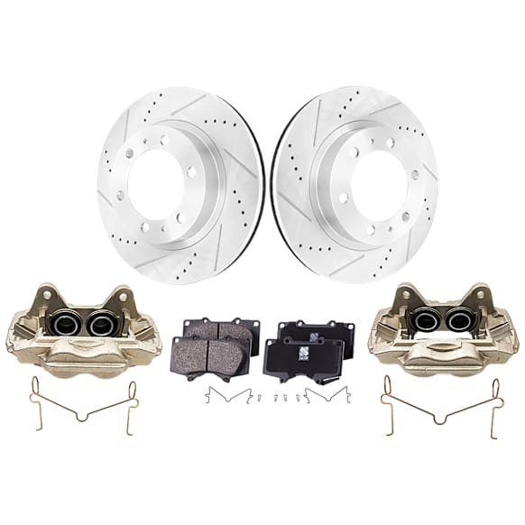 2-Wheel Set Front Brake Kit With Calipers, Cross-drilled and Slotted 6 Lugs 318.9 mm Ceramic, Includes (2) Brake Caliper, (2) Brake Disc and (1) Brake Pad Set
