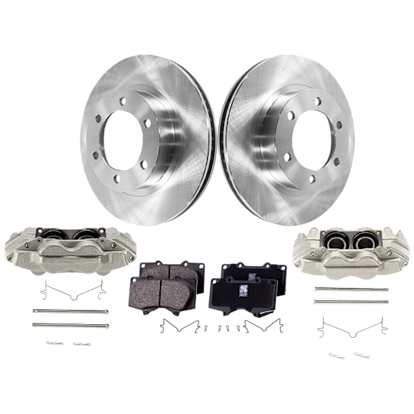 2-Wheel Set Front Brake Kit With Calipers, Plain Surface 6 Lugs 319.02 mm Ceramic, Includes (2) Brake Caliper, (2) Brake Disc and (1) Brake Pad Set