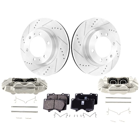 2-Wheel Set Front Brake Kit With Calipers, Cross-drilled and Slotted 6 Lugs 318.9 mm Ceramic, Includes (2) Brake Caliper, (2) Brake Disc and (1) Brake Pad Set