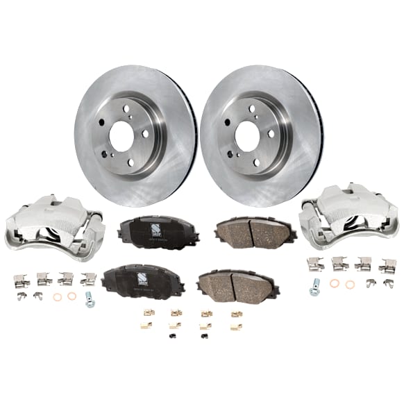 2-Wheel Set Front Brake Kit With Calipers, Plain Surface 5 Lugs 295.91 mm Ceramic, Includes (2) Brake Caliper, (2) Brake Disc and (1) Brake Pad Set
