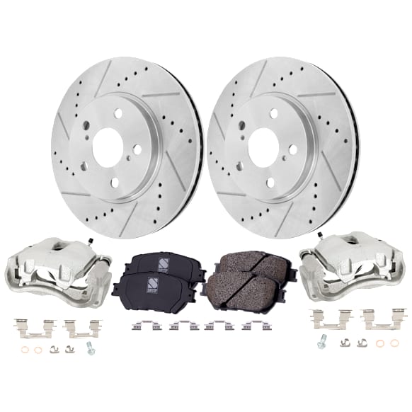 2-Wheel Set Front Brake Kit With Calipers, Cross-drilled and Slotted 5 Lugs 296 mm Ceramic FWD, Includes (2) Brake Caliper, (2) Brake Disc and (1) Brake Pad Set