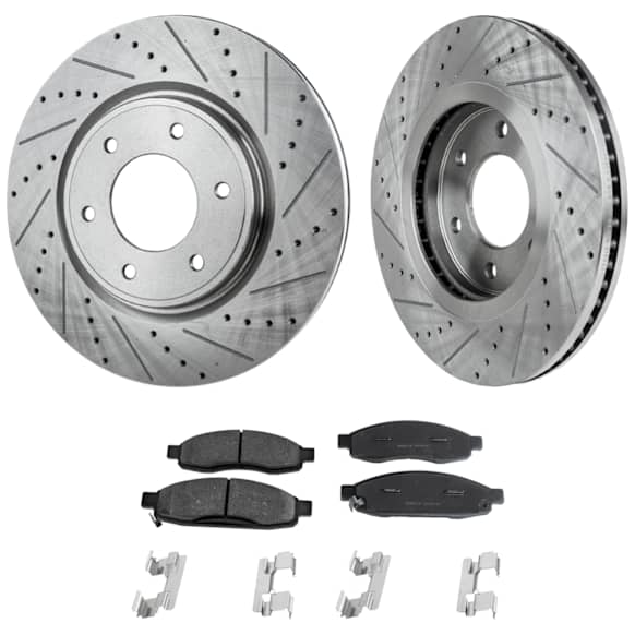 2-Wheel Set Front Brake Disc and Pad Kit, Cross-drilled and Slotted 6 Lugs 350.01 mm Organic Pro-Line Series, Includes (1) Brake Pad Set and (2) Brake Disc