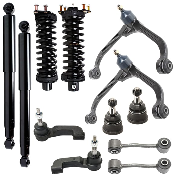12-Piece Kit Front, Driver and Passenger Side, Upper Control Arm Kit, Includes (2) Control Arm, (2) Ball Joint, (2) Sway Bar Link, (2) Tie Rod End and (4) Shock Absorber and Strut Assembly