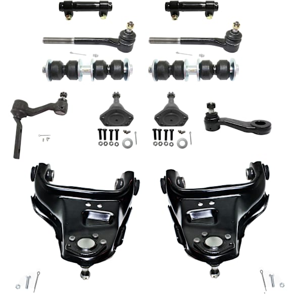 12-Piece Kit Front Control Arm Kit Includes (2) Control Arm, (1) Idler Arm, (1) Pitman Arm, (2) Tie Rod End, (2) Ball Joint, (2) Sway Bar Link and (2) Tie Rod Adjusting Sleeve