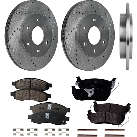4-Wheel Set Front and Rear Brake Disc and Pad Kit, Cross-drilled and Slotted 6 Lugs Front-320 mm/Rear-320.04 mm Front-Ceramic/Rear-Semi-Metallic Pro-Line Series, Includes (2) Pad Set and (3) Disc