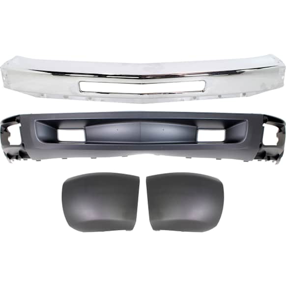 4-Piece Kit, Front Bumper, For Models Without Fog Lights, For Models With Tow Hook Holes, Chrome, Includes (1) Bumper, (2) Bumper End, and (1) Valance