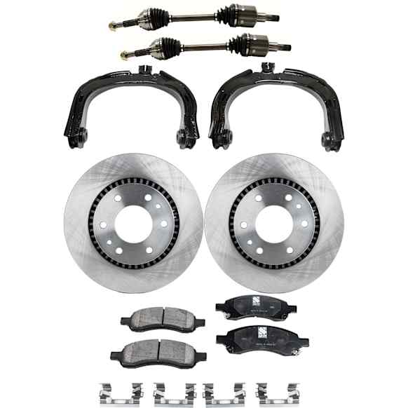 7-Piece Kit Front, Driver and Passenger Side Axle Assembly - New 7-Piece Kit, 4.2L, 6Cyl, Includes (2) Brake Disc, (1) Brake Pad Set, (2) Control Arm and (2) Axle Assembly