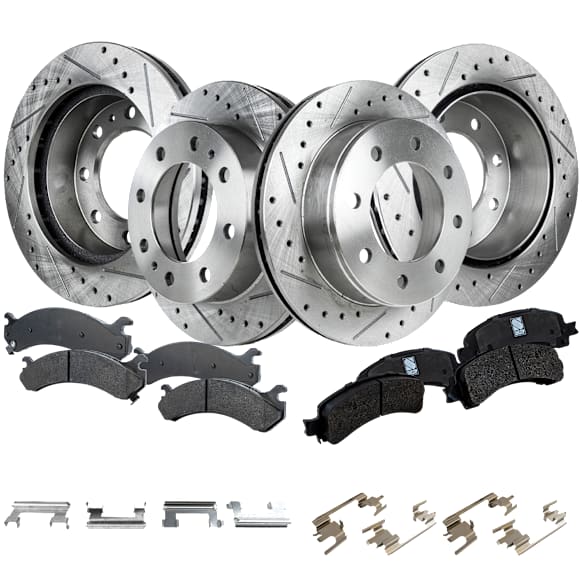 4-Wheel Set Front and Rear Brake Disc and Pad Kit, Cross-drilled and Slotted 8 Lugs Front-325 mm/Rear-329.95 mm Ceramic, Includes (2) Brake Pad Set and (4) Brake Disc