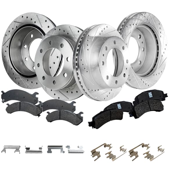 4-Wheel Set Front and Rear Brake Disc and Pad Kit, Cross-drilled and Slotted 8 Lugs Front-325 mm/Rear-329.95 mm Ceramic, Includes (2) Brake Pad Set and (4) Brake Disc