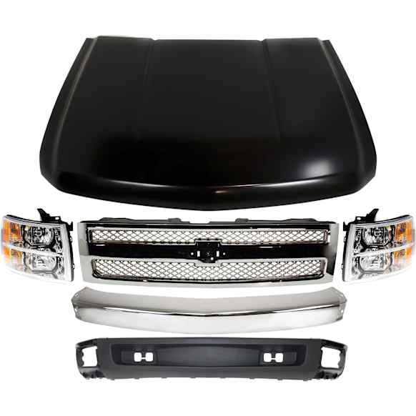 6-Piece Kit, Grille Chrome, Includes (1) Bumper, (1) Grille, (2) Headlight, (1) Hood, and (1) Valance