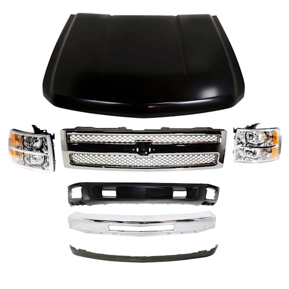 7-Piece Kit, Front Bumper, Chrome, Includes (1) Bumper, (1) Grille, (2) Headlight, (1) Hood, and (2) Valance