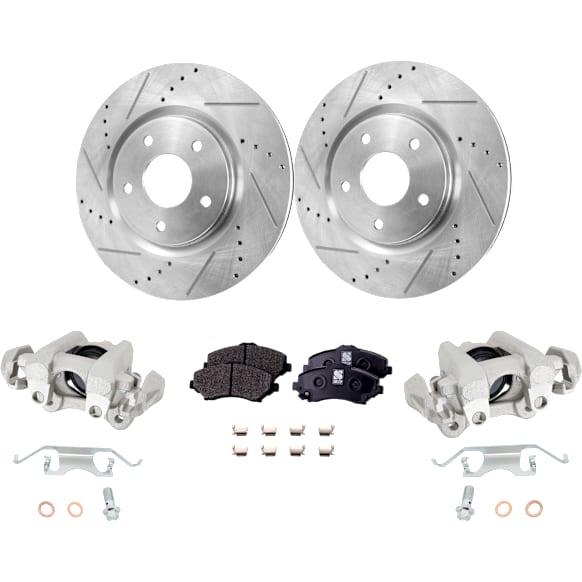 2-Wheel Set Front Brake Kit With Calipers, Cross-drilled and Slotted 5 Lugs 329.95 mm Semi-metallic, Includes (2) Brake Caliper, (2) Brake Disc and (1) Brake Pad Set