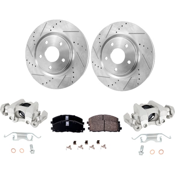 2-Wheel Set Front Brake Kit With Calipers, Cross-drilled and Slotted 5 Lugs 329.95 mm Ceramic, Includes (2) Brake Caliper, (2) Brake Disc and (1) Brake Pad Set