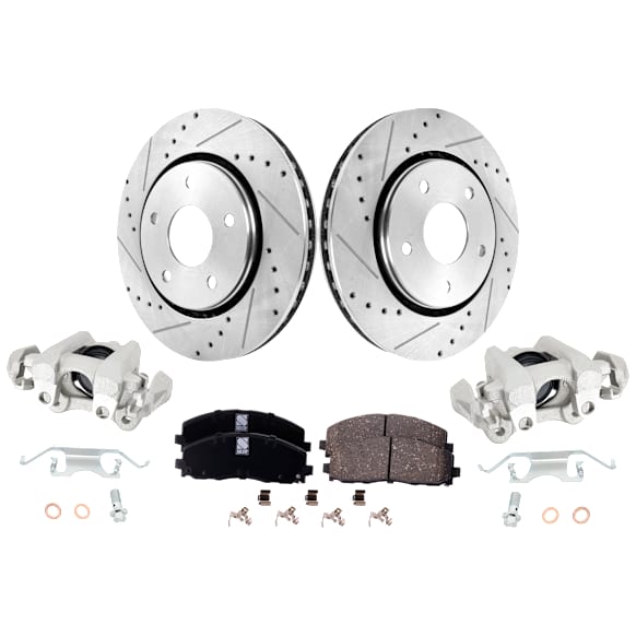 2-Wheel Set Front Brake Kit With Calipers, Cross-drilled and Slotted 5 Lugs 302 mm Ceramic, Includes (2) Brake Caliper, (2) Brake Disc and (1) Brake Pad Set