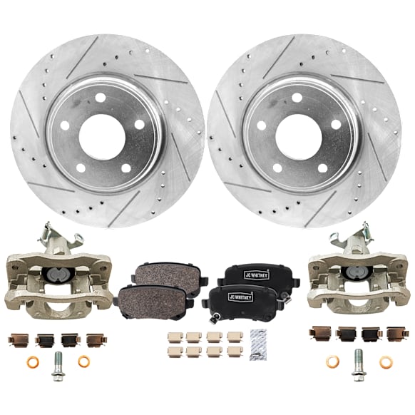 2-Wheel Set Rear Brake Kit With Calipers, Cross-drilled and Slotted 5 Lugs 327.91 mm Ceramic, Includes (2) Caliper, (2) Disc, and (1) Pad Set