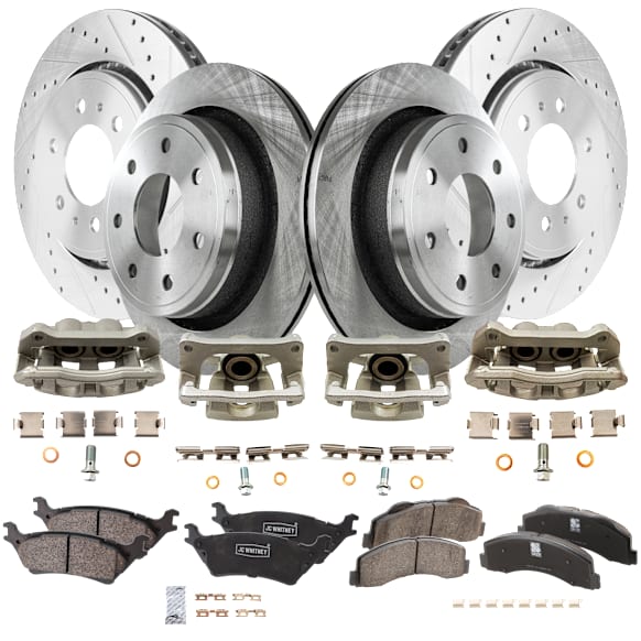 4-Wheel Set Front and Rear Brake Kit With Calipers, Front-Cross-drilled and Slotted/Rear-Plain Surface Front-350.01 mm/Rear-347.98 mm Ceramic, Includes (4) Caliper, (4) Disc, and (2) Pad Set