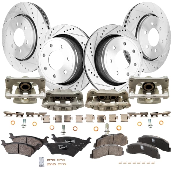 4-Wheel Set Front and Rear Brake Kit With Calipers, Cross-drilled and Slotted, 6 Lugs, Ceramic Pad Material, Includes (4) Caliper, (4) Disc, and (2) Pad Set