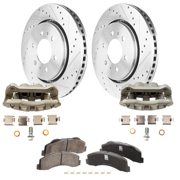 2-Wheel Set Front Brake Kit With Calipers, Cross-drilled and Slotted 6 Lugs 350.01 mm Ceramic, Includes (2) Brake Caliper, (2) Brake Disc and (1) Brake Pad Set